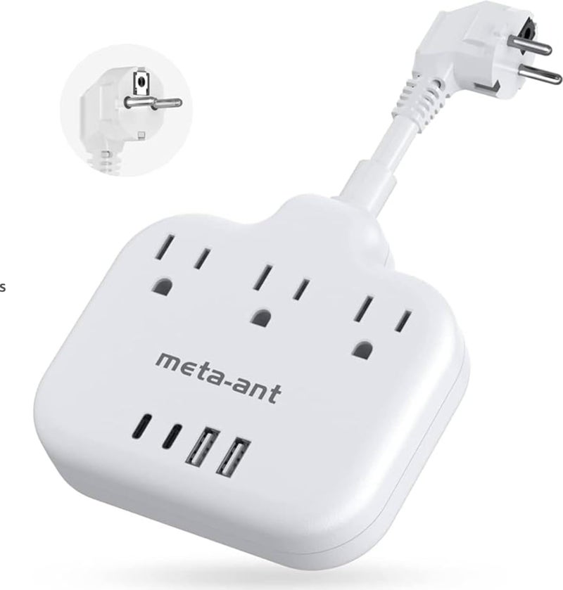 meta-ant European Travel Plug Adapter 3 inch, International Plug Adapter, US to Europe Plug Adapter with 3 Outlets 4 USB Ports(2 USB C), Type E F Power Adapter to EU Germany Spain France Portugal Iceland - Image 1
